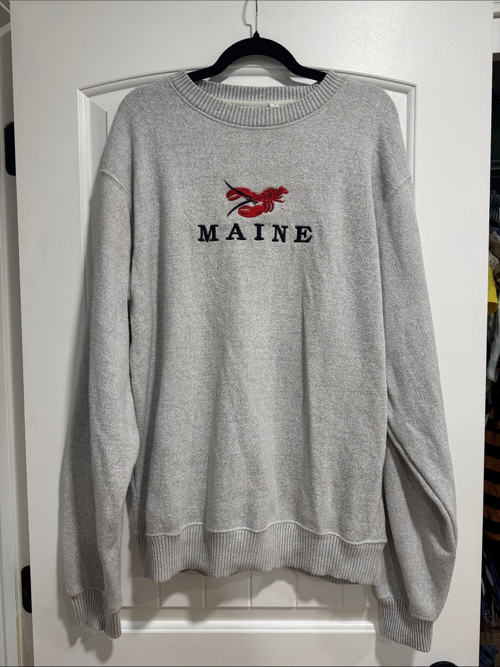 Gray "Maine" Crewneck Sweater with Red Lobster Embroidery